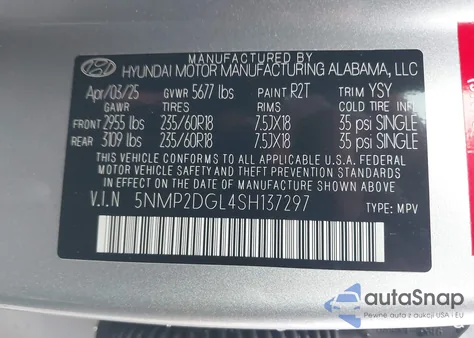 2025 Hyundai Santa Fe Sel z USA, uszkodzony, nr VIN 5NMP2DGL4SH137297